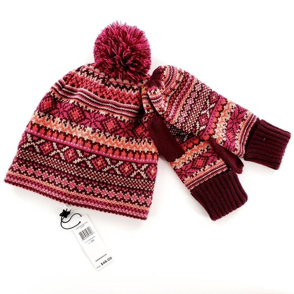 BCBGeneration Winter Knitted Beanie & Mittens Gift Set One Size Burgundy New $48 - Picture 1 of 5